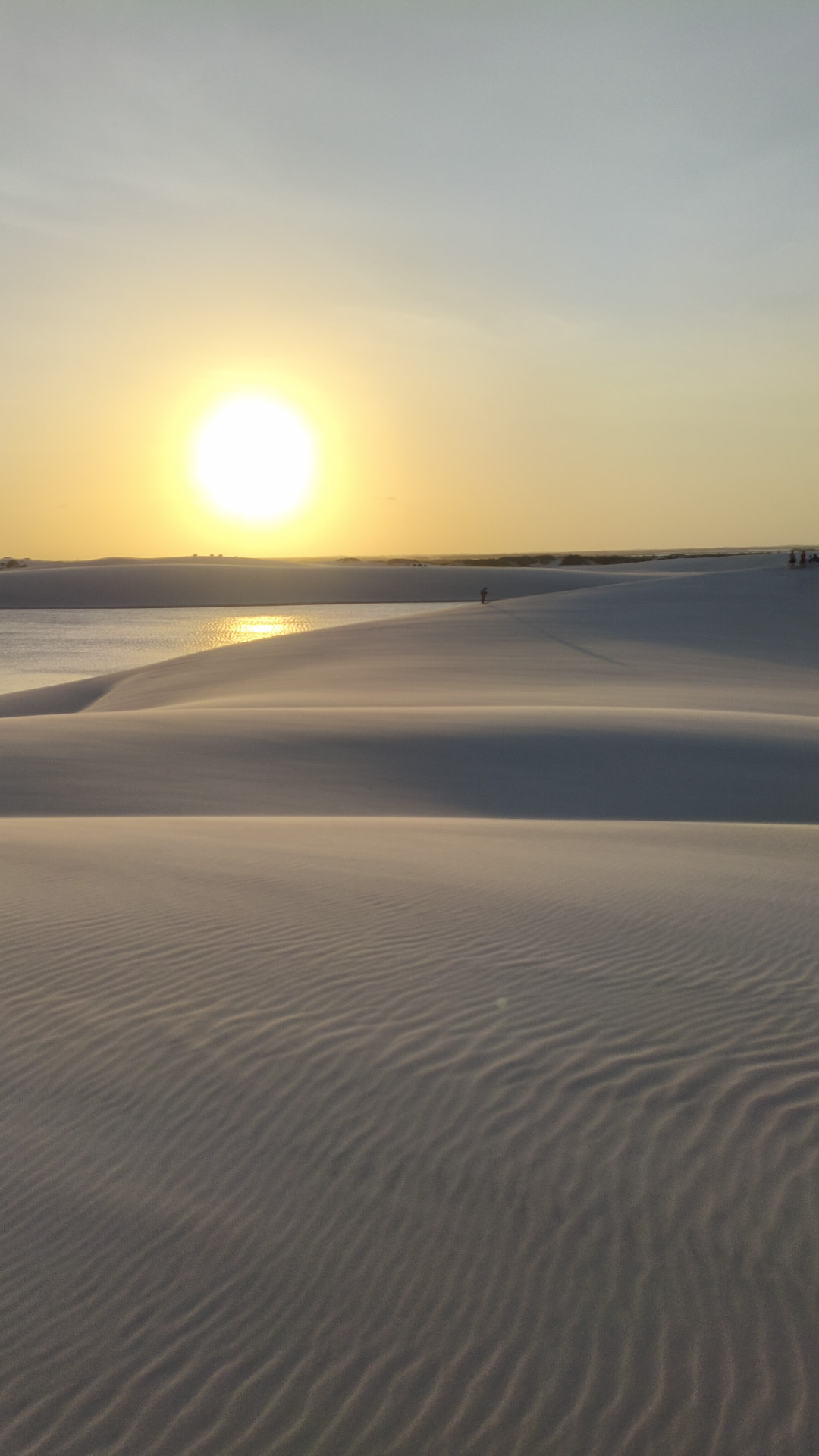 Dunas de areia com marcas do vento iluminadas pelo sol baixo no fim da tarde